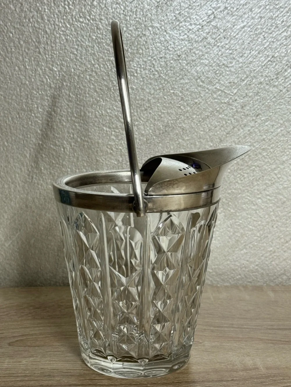 VTG Ice Bucket Val St Lambert Crystal & Silver Plate Handled Signed Barware